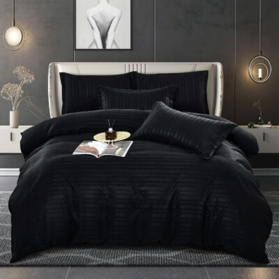 Lenjerie de Pat Dublu, Damasc Finet Elegance, 4 Piese, UNI, Negru, ST15550