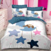 Lenjerie pat dublu, Bumbac Finet Superior, 6 Piese, Bumbac Finet, Elefant si stele, Alb/Albastru, BR5267