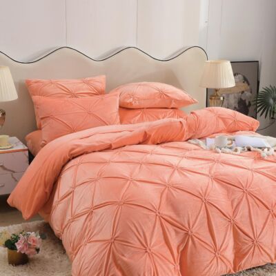 Lenjerie pat Dublu, Elastic, Catifea Soft, Imprimeu Brodat, Coral, J18018