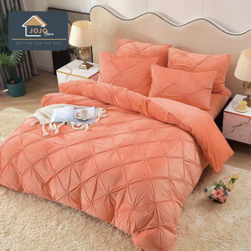 Lenjerie pat Dublu, Elastic, Catifea Soft, Imprimeu Brodat, Coral, J18018