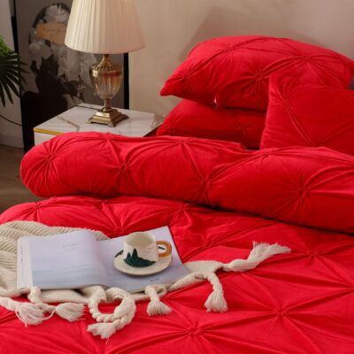 Lenjerie pat Dublu, Elastic, Catifea Soft, Imprimeu Brodat, Rosu, J18024