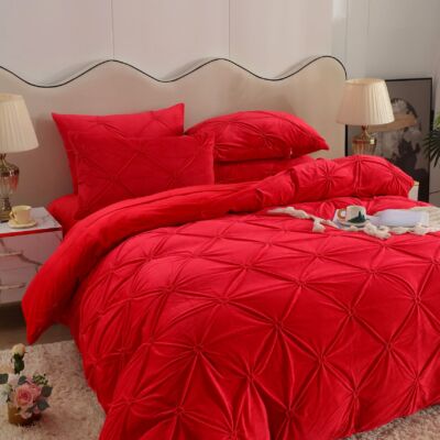 Lenjerie pat Dublu, Elastic, Catifea Soft, Imprimeu Brodat, Rosu, J18024