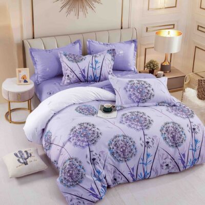 Lenjerie pat 2 persoane, 6 Piese, Bumbac Finet, Papadie, Violet, J14204