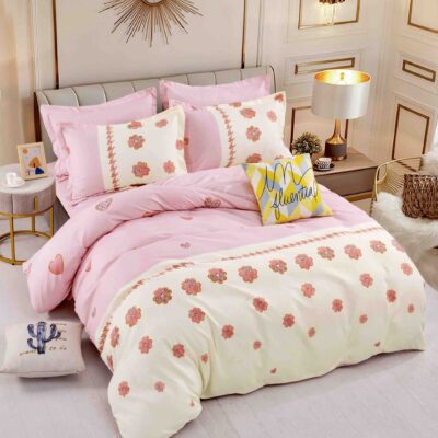 Lenjerie pat single 1 Persoana, 4 PIESE, Bumbac Finet, Floricele, Crem/Roz, J14222