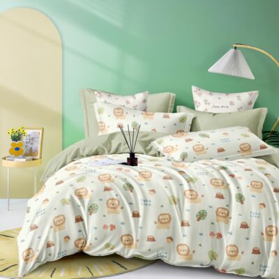 Lenjerie pat single 1 Persoana, 4 PIESE, Bumbac Finet, Leu, Alb/Verde, J14396