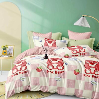 Lenjerie pat, 6 Piese, Bumbac Finet, Moldel Inflorat, Pink Bear, Roz/Alb, J14439
