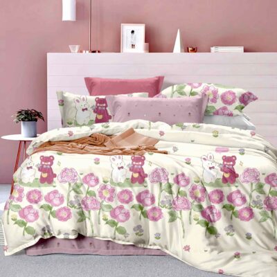 Lenjerie pat single 1 Persoana, 4 PIESE, Bumbac Finet, Iepure Si Urs, Bej/Roz, J14398