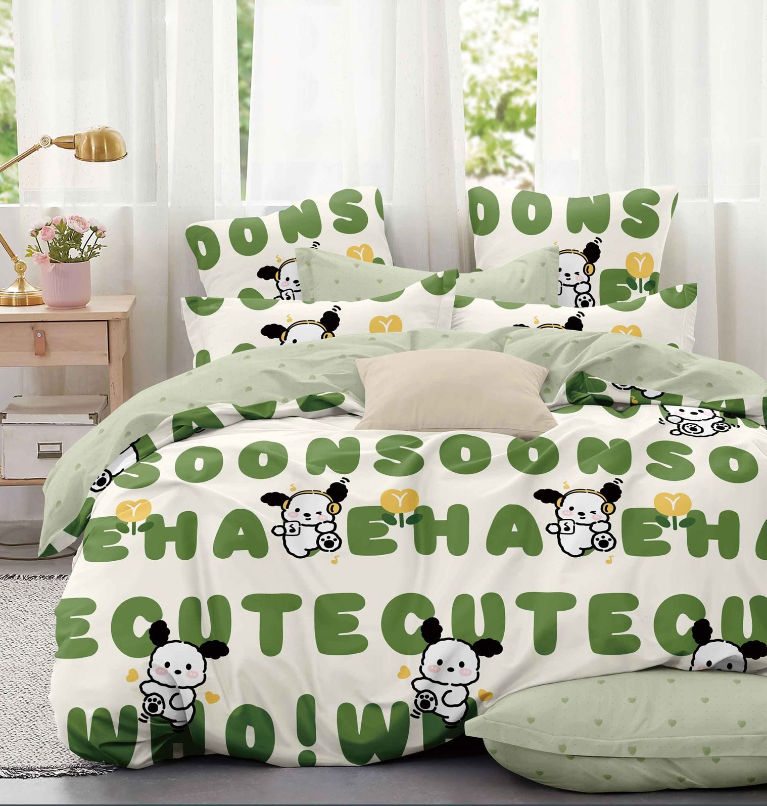 Lenjerie pat single 1 Persoana, 4 PIESE, Bumbac Finet, Ursuleti, Verde, J14400