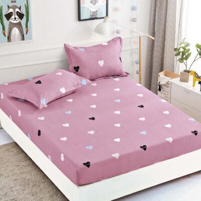 Husa Pat dublu cu Elastic, Bumbac Finet, Inimioare, Roz, J14456