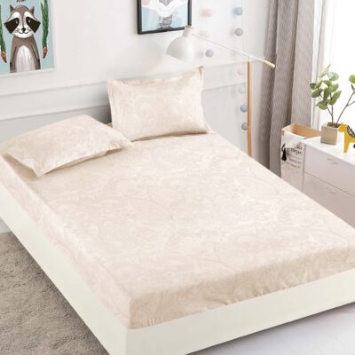 Husa Pat dublu cu Elastic, Bumbac Finet, Buline, Model Floral, Crem, J14464