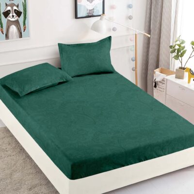 Husa Pat dublu cu Elastic, Bumbac Finet, Buline, Model Floral, Verde, J14465