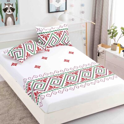 Husa Pat dublu cu Elastic, Bumbac Finet, Traditional, Alb/Verde, J14634