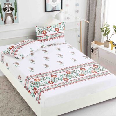 Husa Pat dublu cu Elastic, Bumbac Finet, Traditional Floral, Alb/Verde, J14635