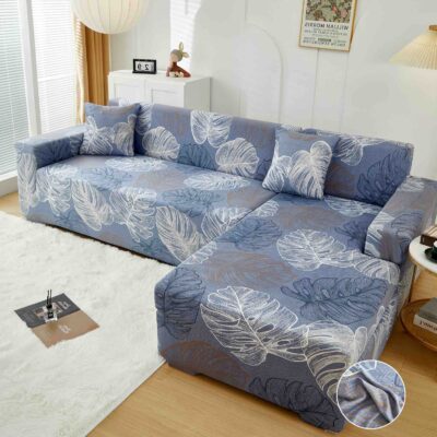 Husa Elastica Coltar, Bumbac Elasticizat, Frunze, Albastru/Crem, J14816