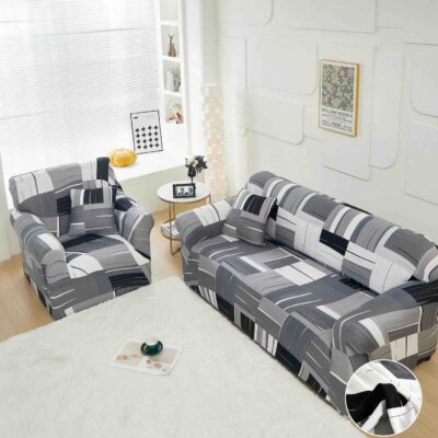 Husa Elastica cu Brate, Canapea 2 Locuri, Gri/Alb/Negru, J14810