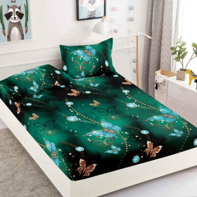 Husa Pat dublu cu elastic, Bumbac Finet, 180x200, Fluturi, Verde, J14773