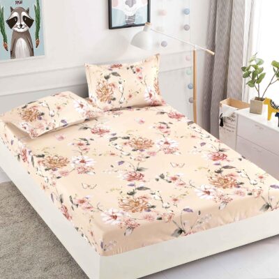 Husa Pat dublu cu elastic, Bumbac Finet, 180x200, Trandafiri, Crem, J14782