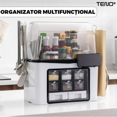 Organizator Multifunctional Pentru Bucatarie, Suport Sticle, Rafturi Pentru Condimente, , 46 x 26 x 43 cm, Alb, TENO483