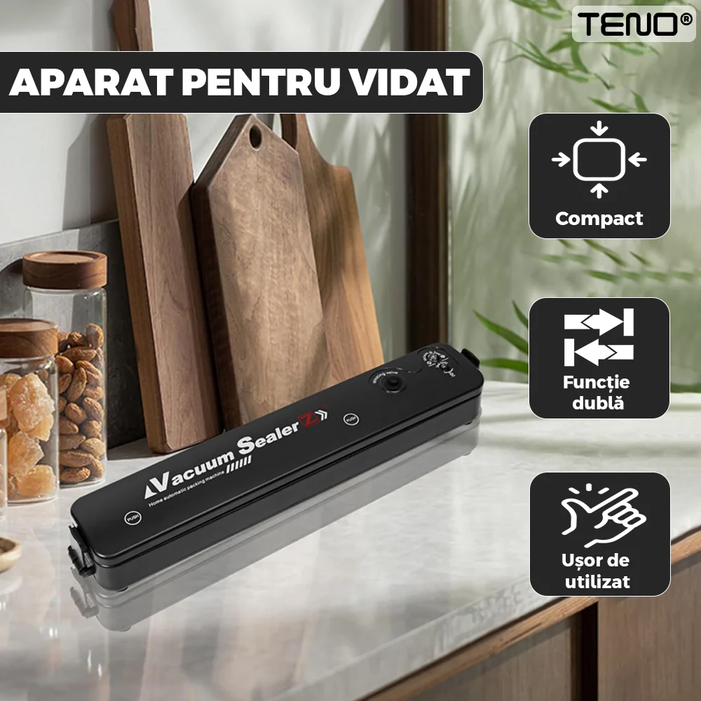 Aparat de Sigilat si Vidat, Set 6 Role de Vidat Gofrate, 20 cm x 5 m incluse, 90W, 220V, Portabil, TENO1227