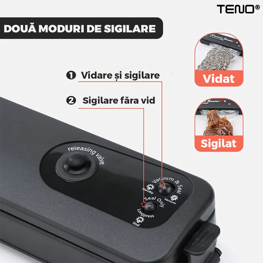 Aparat de Sigilat si Vidat, Set 6 Role de Vidat Gofrate, 20 cm x 5 m incluse, 90W, 220V, Portabil, TENO1227