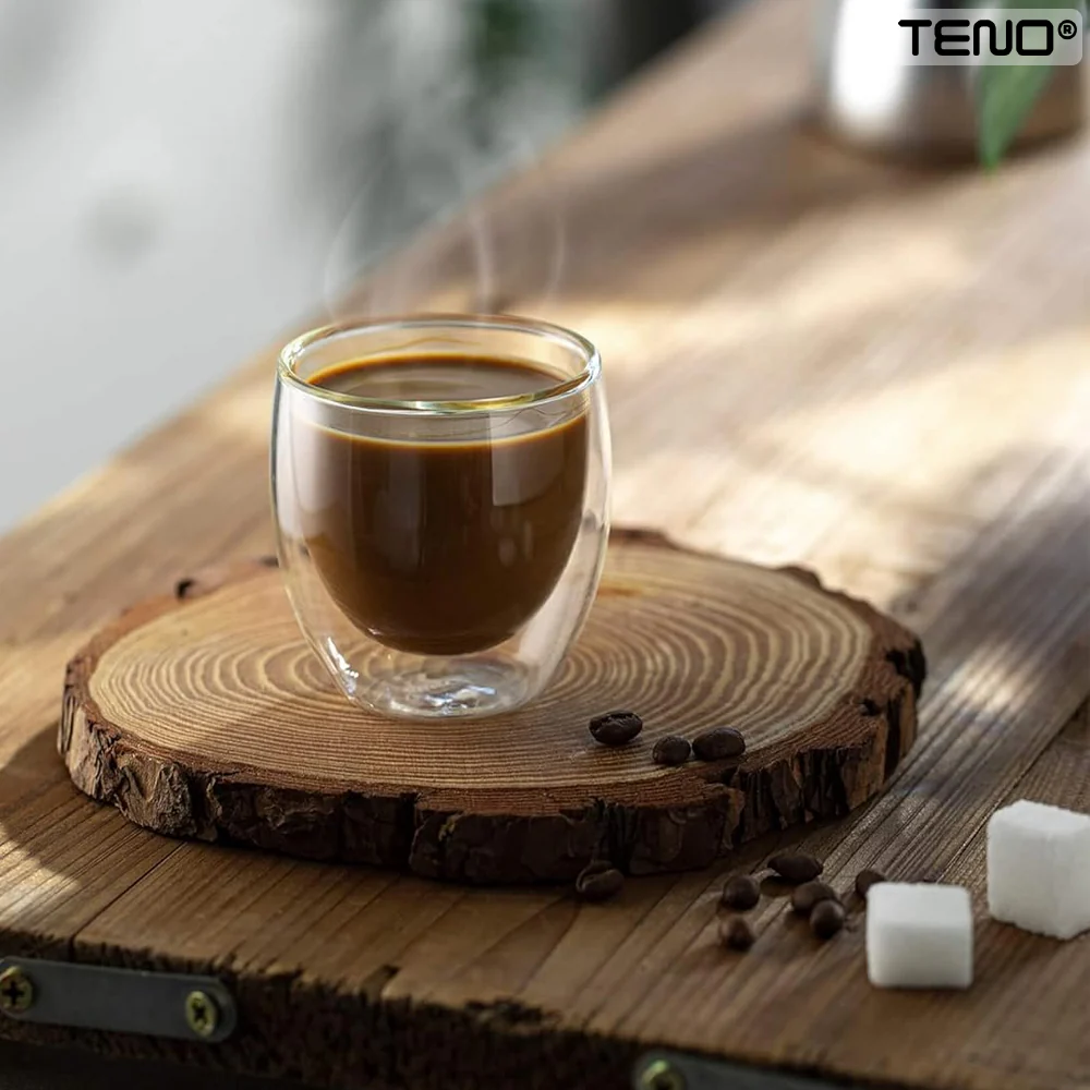 Set 6 Pahare din Sticla cu Perete Dublu, Termorezistente, Design Modern, Capacitate 250 ml, 9 x 8 cm, TENO1000
