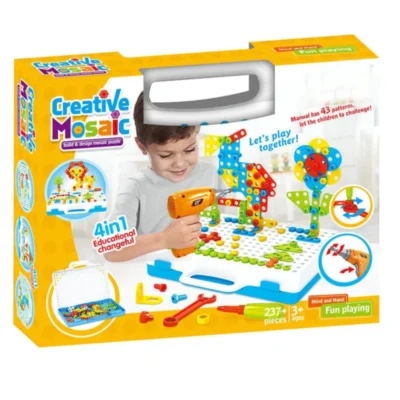 Jucarie Educativa si Interactiva 4in1, 237 Piese, Bormasina Pentru Inginerie, Puzzle 3D/2D, Dezvoltare STEM, Montessori, Multicolor, TENO514