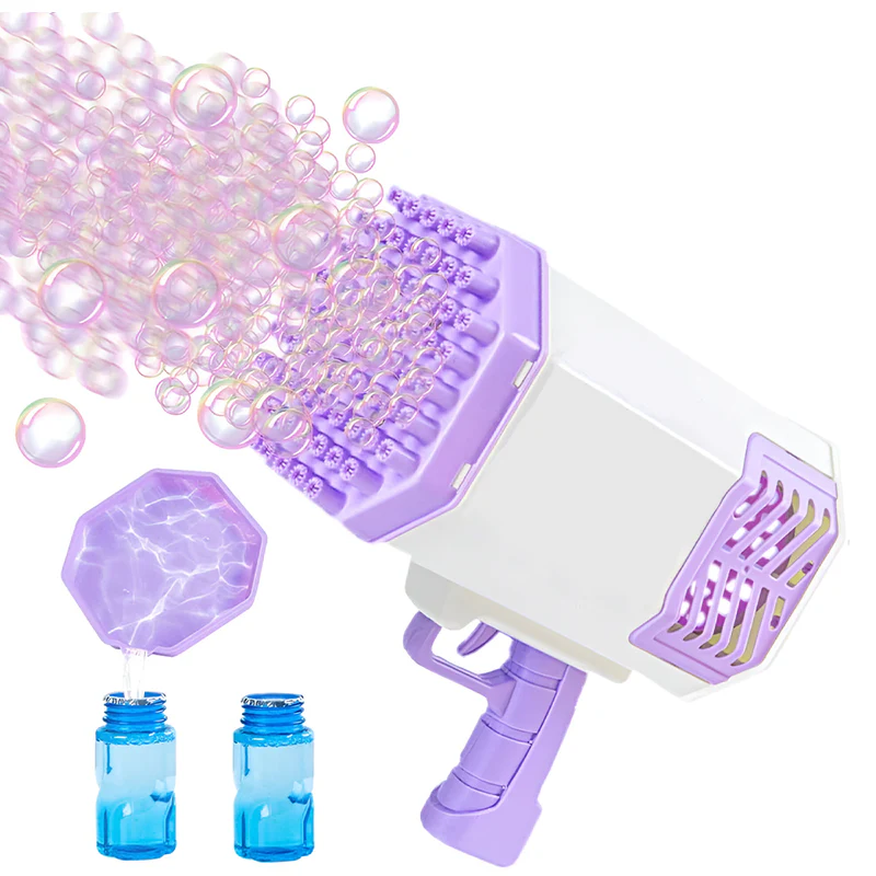 Pistol de Facut Baloane, Tip Bazooka, Automat, 34 Orificii Pentru Bule, Alimentare cu Baterii, Mov/Alb, TENO1215