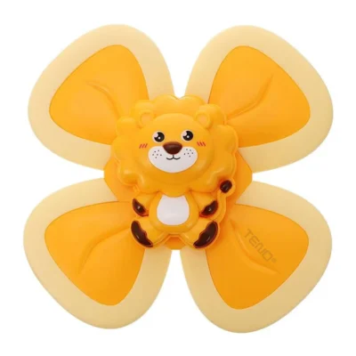 Jucarie Interactiva Fidget Spinner, Forma Leu, Margini de Silicon, 4 Laturi, Ventuza de Prindere, 1-3 ani, Galben, TENO7