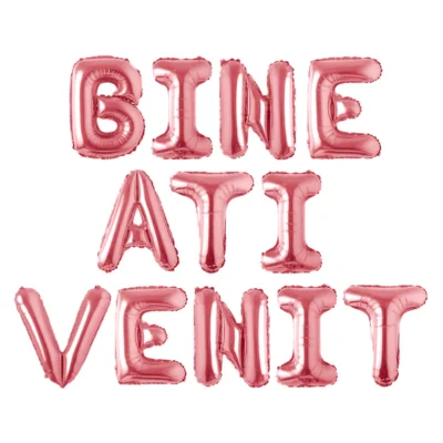 Set 12 Baloane, Litere, Pentru Petreceri/Aniversari/Evenimente, Metalizate, Folie, 45 cm, Model BINE ATI VENIT, Roz, TENO1048