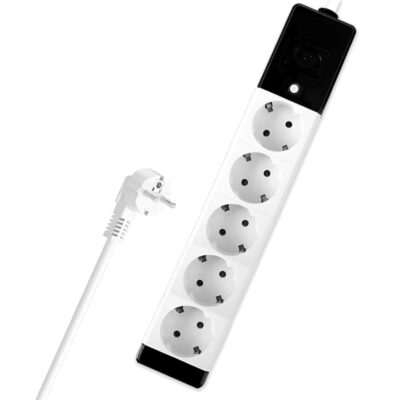 Prelungitor Universal cu 5 Prize, Suport de Agatare Incorporat, Rezistent la Temperaturi Inalte, 5 Metri, Negru/Alb, TENO1281