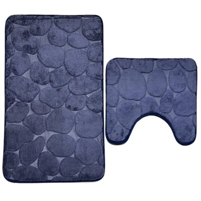 Set 2 Covorase de Baie, Anti-Derapante, Material Moale, Model Pietre, 80x50 / 50x40cm, Bleumarin, TENO1014