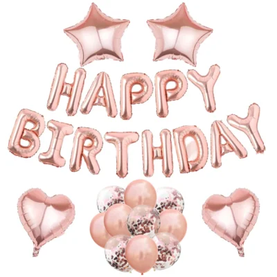 Set 27 Baloane, Litere, Pentru Petreceri/Aniversari/Evenimente, Confetti, Stelute, Inimioare, Model Happy Birthday, Roz/Auriu, TENO757