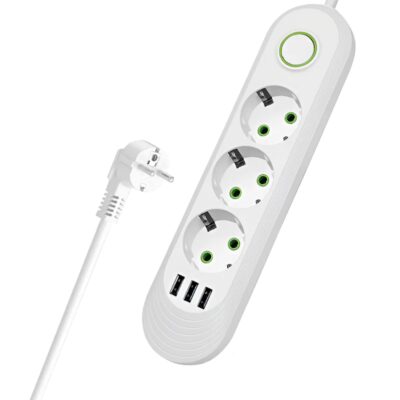 Prelungitor Universal cu 3 Prize, 3 Porturi USB, Suport de Agatare Incorporat, Rezistent la Temperaturi Inalte, 2 Metri, Alb, TENO1276
