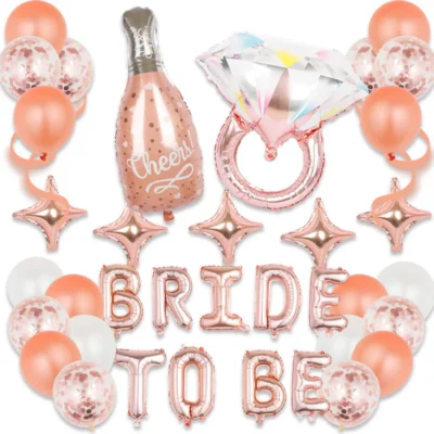Set 36 Baloane, Litere, Pentru Petreceri/Aniversari/Evenimente, Sticla de Sampanie, Inel de Logodna, Diverse Dimensiuni, Folie, Model BRIDE TO BE, Rose Gold, TENO749