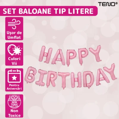 Set 13 Baloane, Litere, Pentru Petreceri/Aniversari/Evenimente, Model Happy Birthday, Rose, TENO716