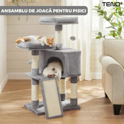 Ansamblu de Joaca Pentru Pisici, 2 Platforme de Observatie, 3 Niveluri, Franghie si Mingiute, Stalpi Pentru Zgariat, 115 cm, TENO623