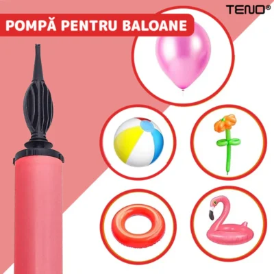Pompa Manuala Pentru Umflat Baloane cu Dublu Sens, Multifunctionala, Materiale Calitative, Umflare Rapida, 28 cm, Rosu/Negru, TENO371