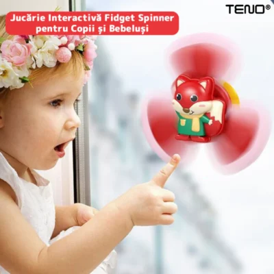 Jucarie Interactiva Fidget Spinner, Forma Vulpe, Margini de Silicon, 3 Laturi, Ventuza de Prindere, 1-3 ani, Rosu, TENO5