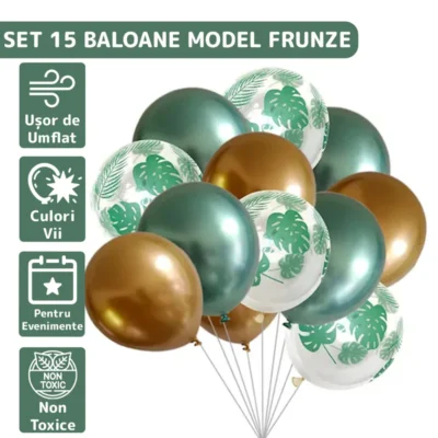Set 15 Baloane, Model Frunze, Pentru Petreceri/Aniversari/Evenimente, O Singura Dimensiune, 3 Culori, Latex, Verde/Auriu/Transparent, TENO305