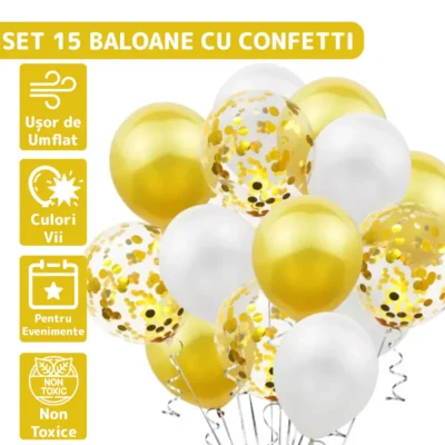 Set 15 Baloane, Confeti, Pentru Petreceri/Aniversari/Evenimente, O Singura Dimensiune, 3 Culori, Latex, Auriu/Alb/Transparent, TENO261