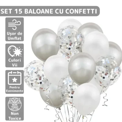 Set 15 Baloane, Confeti, Pentru Petreceri/Aniversari/Evenimente, O Singura Dimensiune, 3 Culori, Latex, Argintiu/Alb/Transparent, TENO260
