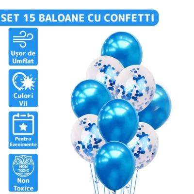 Set 15 Baloane, Confeti, Pentru Petreceri/Aniversari/Evenimente, O Singura Dimensiune, 3 Culori, Latex, Albastru/Alb/Transparent, TENO259