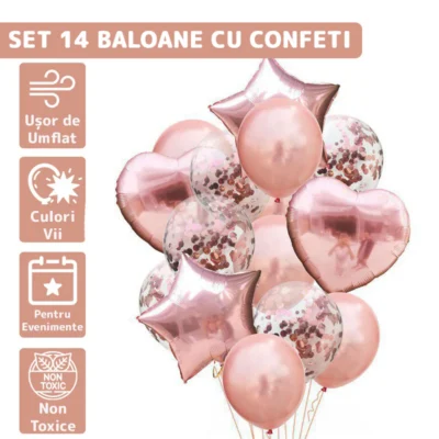 Set 14 Baloane, Confeti, Pentru Petreceri/Aniversari/Evenimente, Stea/Inima/Rotunde, 3 Culori, Latex, Rose Gold, TENO304