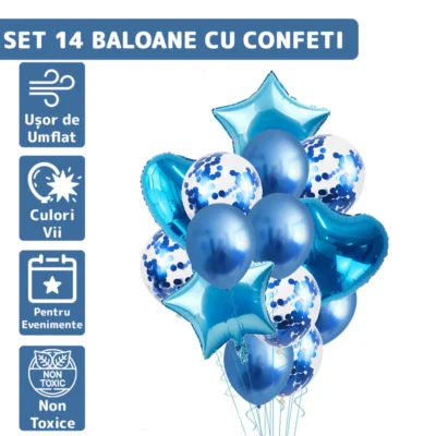 Set 14 Baloane, Confeti, Pentru Petreceri/Aniversari/Evenimente, Stea/Inima/Rotunde, 3 Culori, Latex, Albastru, TENO303