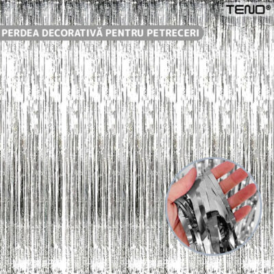 Set 2 Bucati Perdea Decorativa Din Folie Argintiu Metalizat, Pentru Petreceri Aniversare, TENO324
