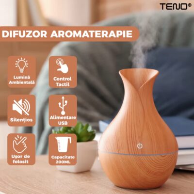 Difuzor Aromaterapie, Umidificator Silentios, Control Tactil, Lumini Ambientale, 200ml, Stejar Deschis, TENO219