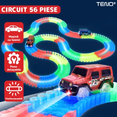 Circuit Masinute, 56 Piese, Pista Iluminata Configurabila, Fosforescenta, Masinuta cu Lumina Rosie, Multicolor, TENO517