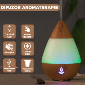 Difuzor Aromaterapie, Umidificator Silentios, 7 Culori LED cu Lumini Dinamice, Buton on/off, 235ml, Stejar Deschis, TENO214