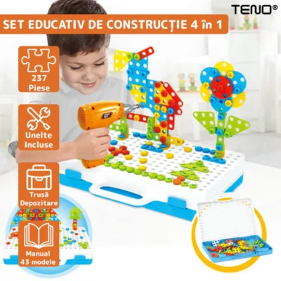 Jucarie Educativa si Interactiva 4in1, 237 Piese, Bormasina Pentru Inginerie, Puzzle 3D/2D, Dezvoltare STEM, Montessori, Multicolor, TENO514