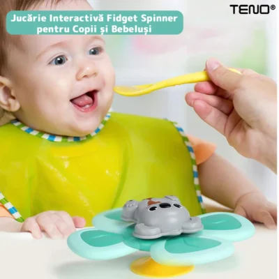 Jucarie Interactiva Fidget Spinner, Koala, Margini de Silicon, 2 Laturi, Ventuza de Prindere, 1-3 ani, Verde, TENO6